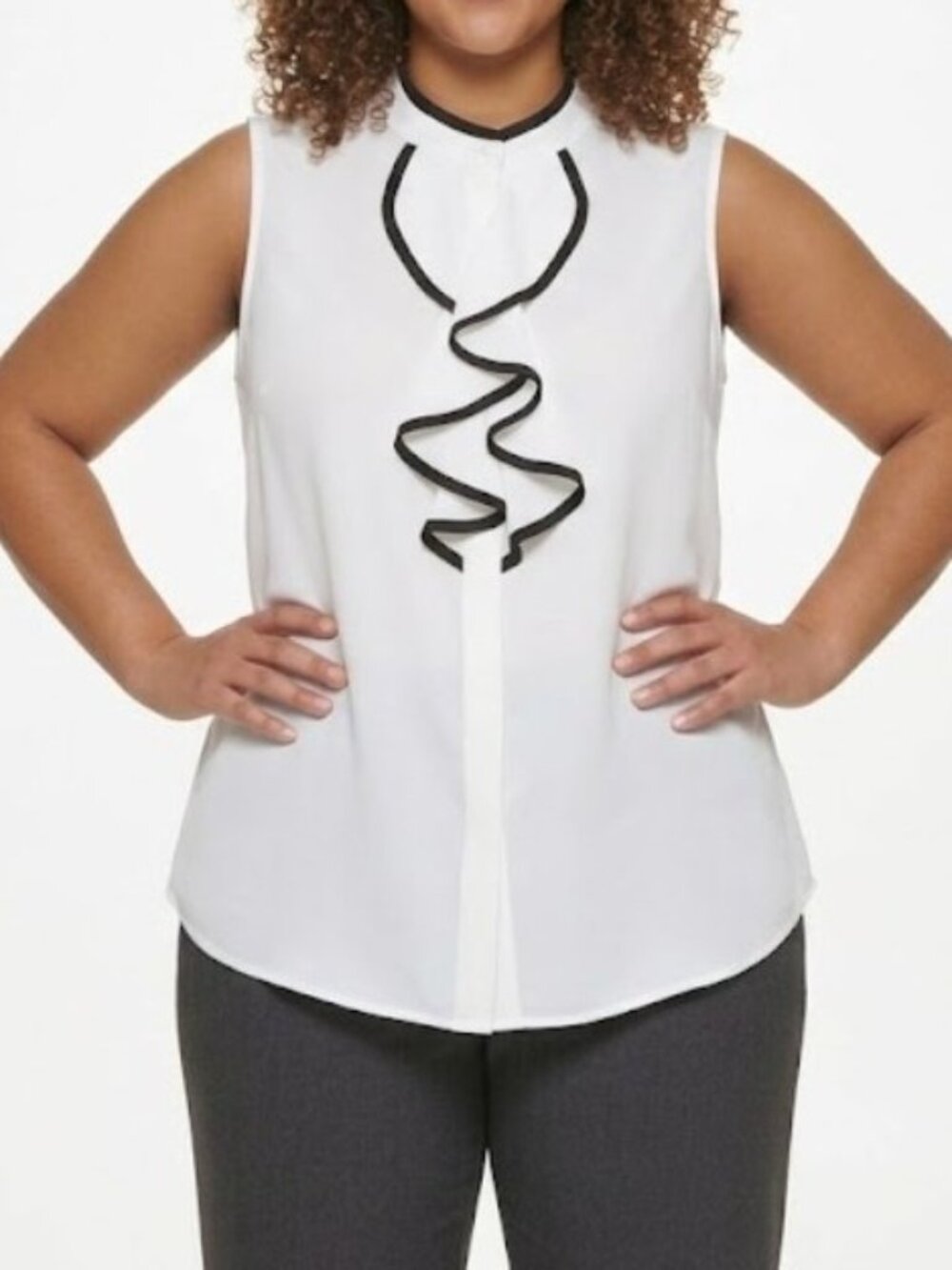 Calvin Klein Women's Plus Size Piped Ruffled Sleeveless Cream/Black Size 3X